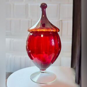 Empoli Amberina Hand Blown Optic Circus Tent Lidded Apothecary Glass Jar